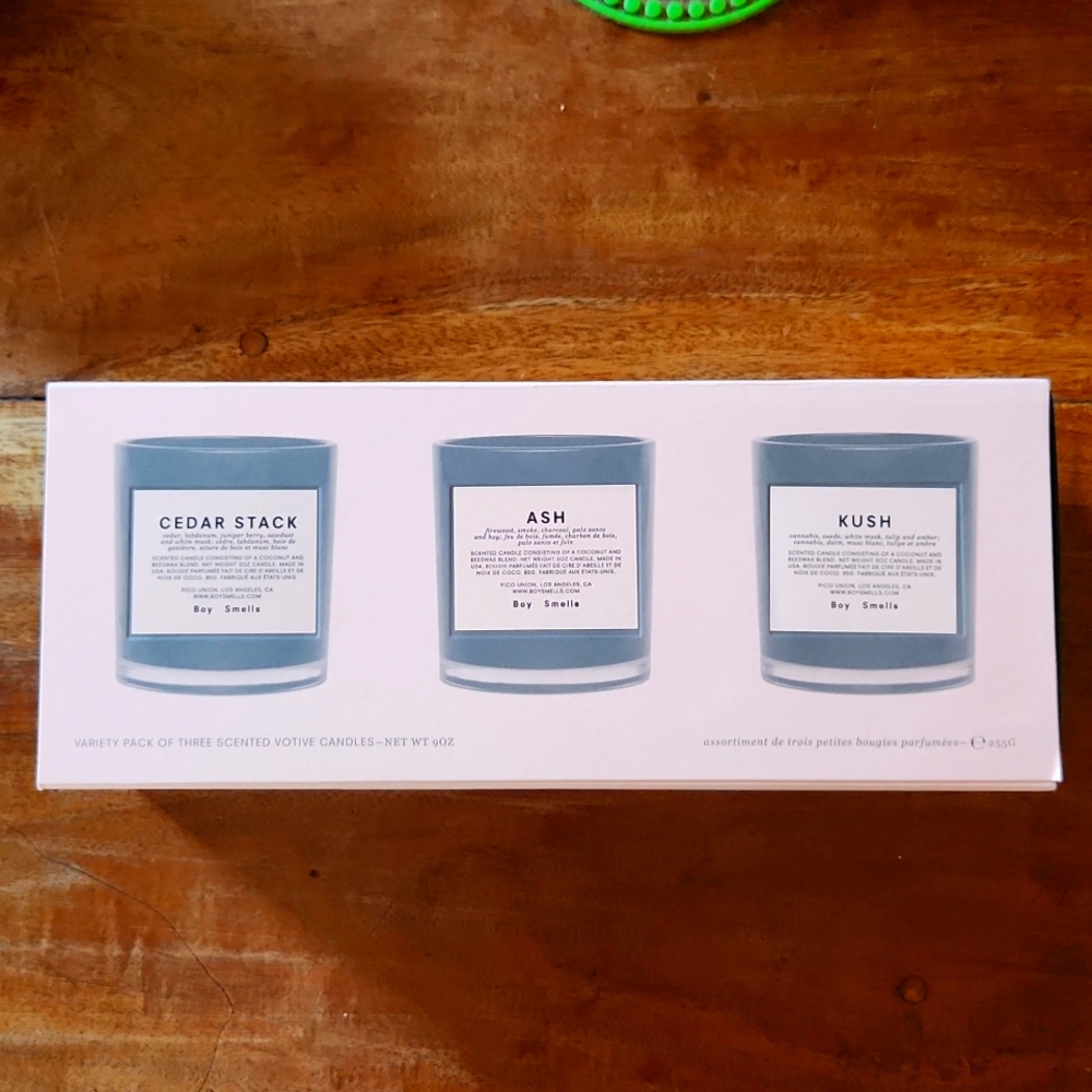Boy Smells votive variety pack Cedar Srack, Ash, Kush